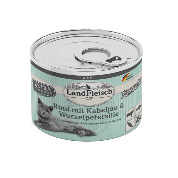 LandFleisch Cat Adult Pastete Rind mit Kabeljau & Wurzelpetersilie 195g, Alleinfuttermittel für ausgewachsene Katzen