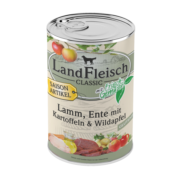 LandFleisch Classic Lamm & Ente & Kartoffeln & Wildapfel 400g, Hochwertiges Nassfutter für ausgewachsene Hunde. Reich an Vitalstoffen.