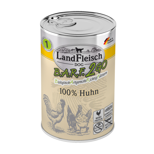 LandFleisch B.A.R.F.2GO 100 % vom Huhn 400g, Ergänzungsfuttermittel für ausgewachsene Hunde