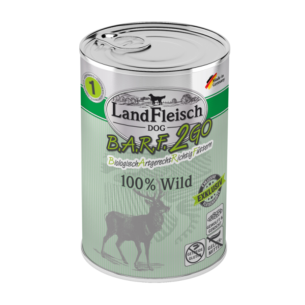 LandFleisch B.A.R.F.2GO Exklusiv 100% vom Wild 400g, Ergänzungsfuttermittel für ausgewachsene Hunde