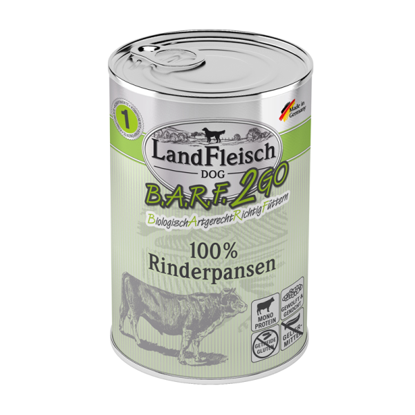 LandFleisch B.A.R.F.2GO 100 % aus Rinderpansen 400g, Ergänzungsfuttermittel für ausgewachsene Hunde
