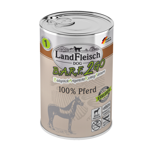LandFleisch B.A.R.F.2GO Exklusiv Pferd 400g, Ergänzungsfuttermittel für ausgewachsene Hunde
