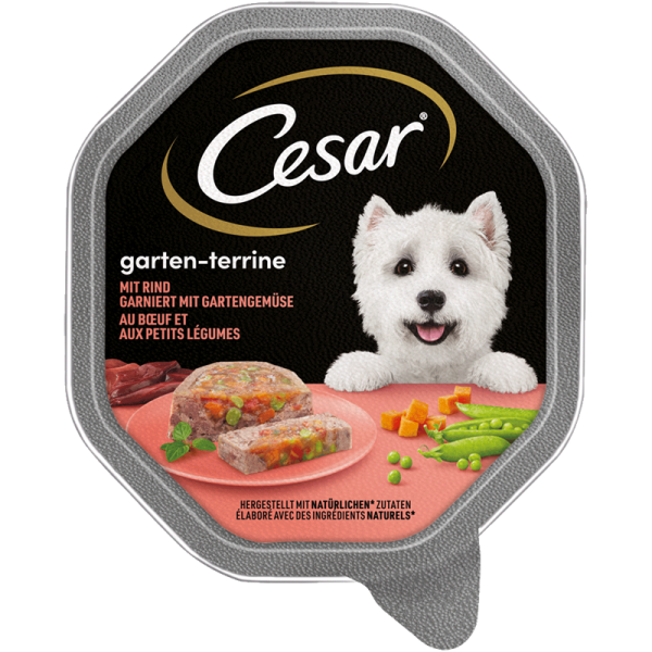 Cesar Schale Garten-Terrine mit Rind und Gartengemüse 150g, Alleinfuttermittel für ausgewachsene Hunde
