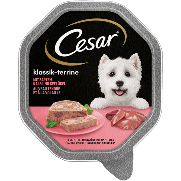 Cesar Schale Klassik-Terrine mit Kalb und Geflügel 150g, Alleinfuttermittel für ausgewachsene Hunde