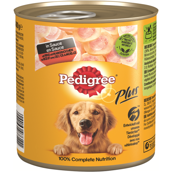 Pedigree Dose Adult Rind Plus mit Markknochen - Rind Sauce 800g, Optimal zubereitetes, nährstoffreiches Nassfutter