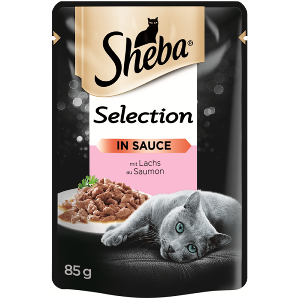 Sheba Portionsbeutel Selection mit Lachs in Sauce 85g, Alleinfuttermittel für ausgewachsene Katzen