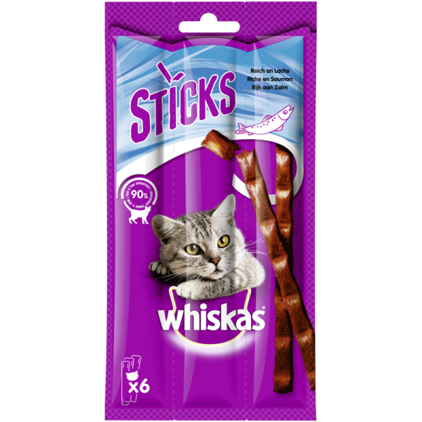 Whiskas Snack Sticks Reich an Lachs 6 Stück, Ergänzungsfuttermittel für Katzen.