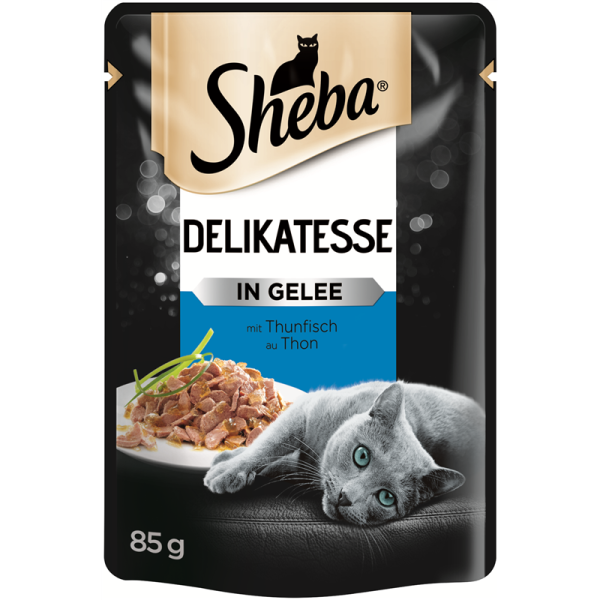 Sheba Portionsbeutel Delikatesse mit Thunfisch in Gelee 85g, Alleinfuttermittel für ausgewachsene Katzen