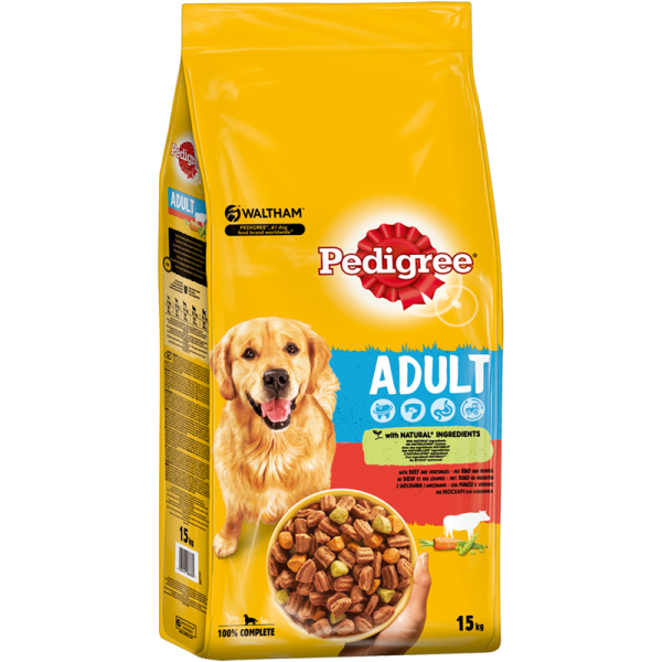 Pedigree Trocken Adult mit Rind & Gemüse 15kg, Alleinfuttermittel für ausgewachsene Hunde