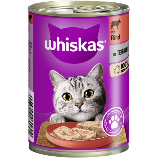 Whiskas Dose Terrine mit Rind 400g, Alleinfuttermittel für ausgewachsene Katzen.