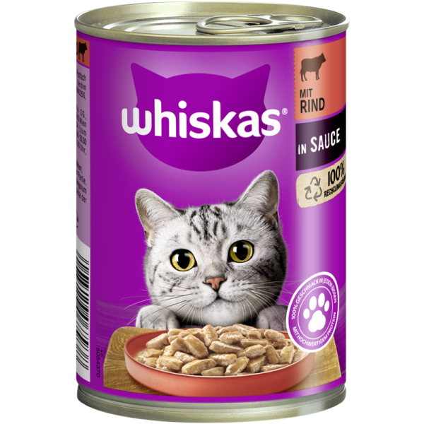 Whiskas Dose in Sauce mit Rind & Leber 400g, Alleinfuttermittel für ausgewachsene Katzen.