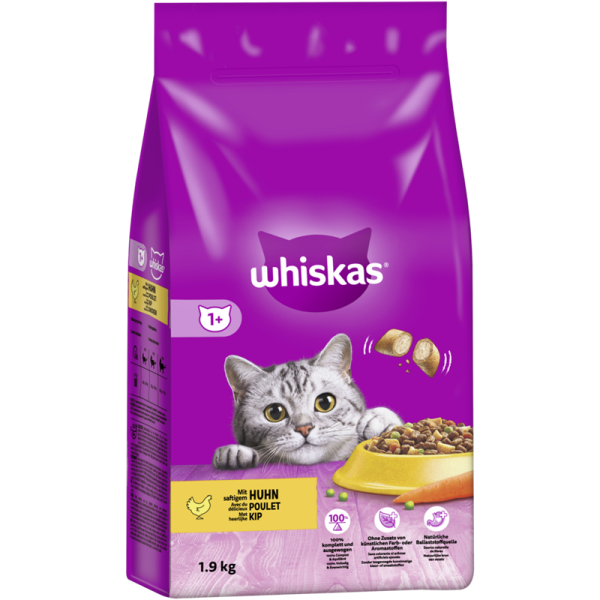 Whiskas Trocken Adult 1+ mit Huhn 1,9kg, Alleinfuttermittel für ausgewachsene Katzen ab 1 Jahr