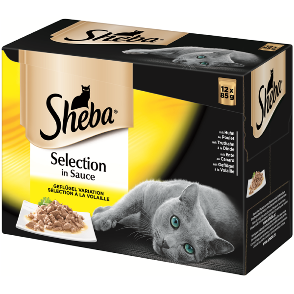Sheba Portionsbeutel Selection in Sauce Geflügel Variation 12x85g im Multipack, Alleinfuttermittel für ausgewachsene Katzen