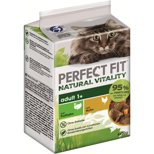 PERFECT FIT Katze Portionsbeutel Natural Vitality Adult 1+ mit Truthahn und mit Huhn 6 x 50g, Alleinfuttermittel für ausgewachsene Katzen