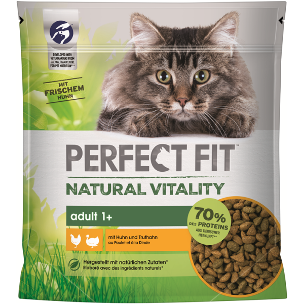 PERFECT FIT Katze Beutel Natural Vitality Adult 1+ mit Huhn und Truthahn 650g, Alleinfuttermittel für ausgewachsene Katzen - Tiernahrung