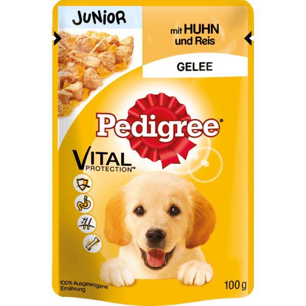Pedigree Portionsbeutel Junior Huhn in Gelee 100g, Nassfutter für heranwachsende Hunde
