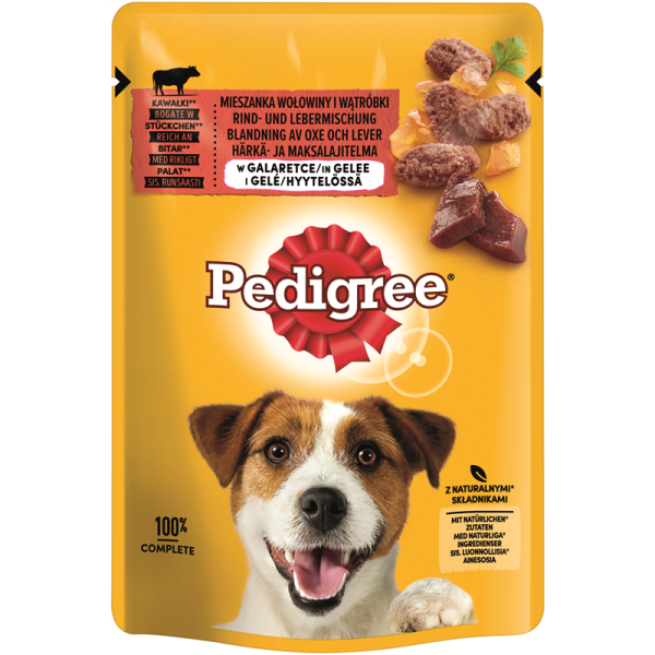 Pedigree Portionsbeutel mit Rind- und Lebermischung in Gelee 100g, Nassfutter für ausgewachsene Hunde