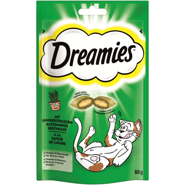 Dreamies Cat Snack mit Katzenminze 60g, Ergänzungsfuttermittel für erwachsene Katzen und heranwachsende Katzen über 8 Wochen