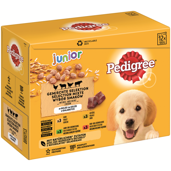 Pedigree Portionsbeutel Junior in Gelee im Multipack 12x100g, Nassfutter für heranwachsende Hunde