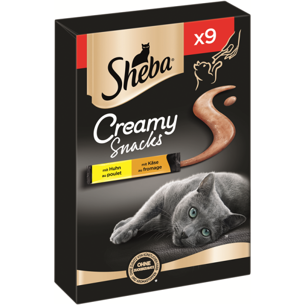 Sheba Snack Creamy mit Huhn und Käse 9x12g, Ergänzungsfuttermittel für ausgewachsene Katzen