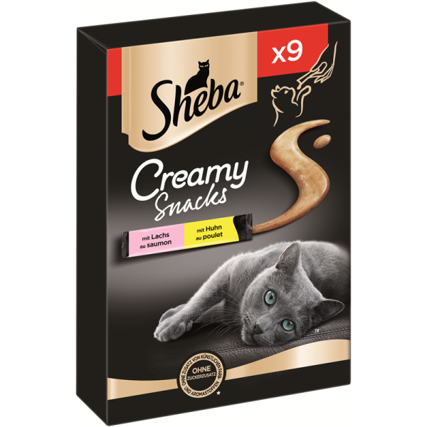 Sheba Snack Creamy mit Huhn und Lachs 9x12g, Ergänzungsfuttermittel für ausgewachsene Katzen