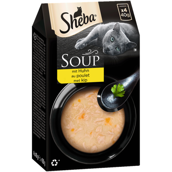 SHEBA Portionsbeutel Multipack Soup mit Huhn 4 x 40g, Ergänzungsfuttermittel für ausgewachsene Katzen