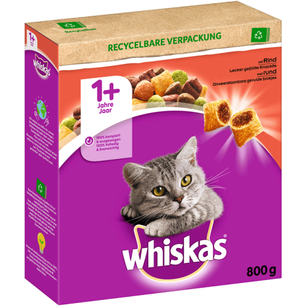 Whiskas Trocken Adult 1+ mit Rind 800g, Alleinfuttermittel für ausgewachsene Katzen.