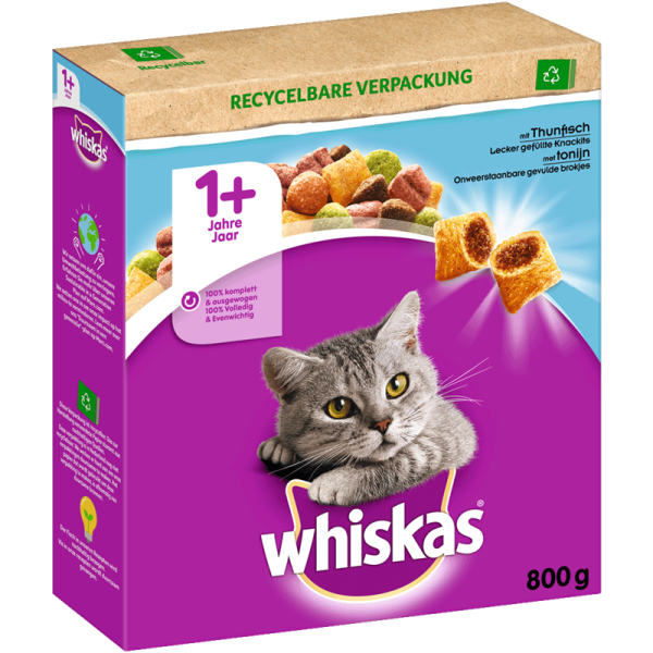 Whiskas Trocken Adult 1+ mit Thunfisch 800g, Alleinfuttermittel für ausgewachsene Katzen.