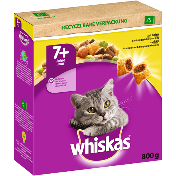 Whiskas Trocken Senior 7+ mit Huhn 800g, Alleinfuttermittel für ältere Katzen