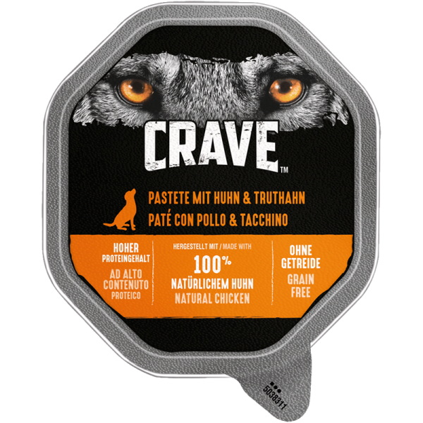 Crave Dog Schale Pastete mit Huhn + Truthahn 150g, Alleinfuttermittel für ausgewachsene Hunde