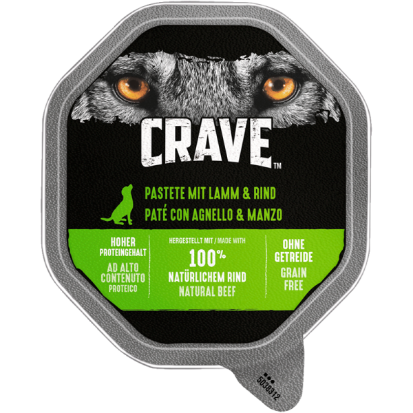 Crave Dog Schale Pastete mit Lamm + Rind 150g, Alleinfuttermittel für ausgewachsene Hunde