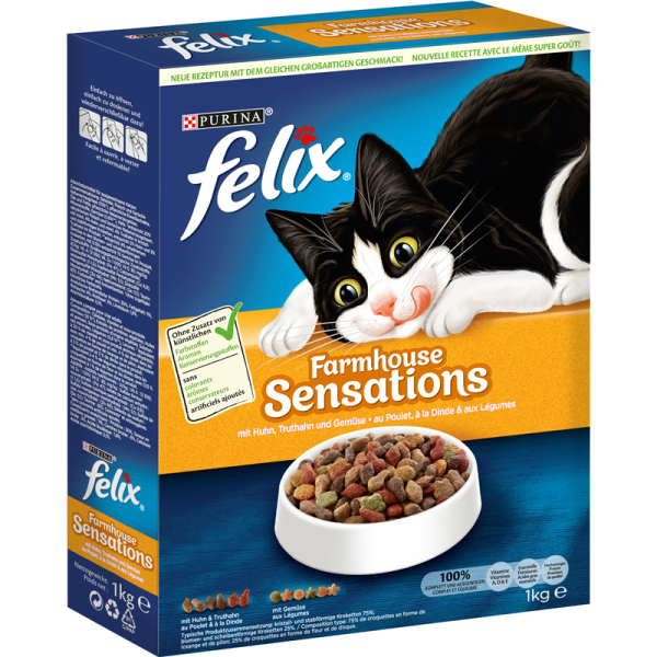 Felix Farmhouse Sensations mit Huhn, Truthahn und Gemüsegeschmack 1kg, Trockenfutter für ausgewachsene Katzen