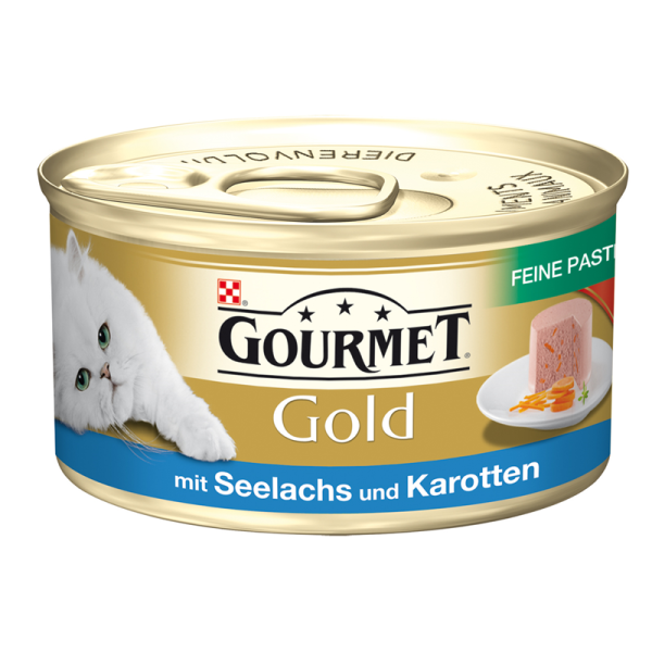 Gourmet Dose Gold Feine Pastete Seelachs&Karotten 85g, Alleinfuttermittel für Katzen