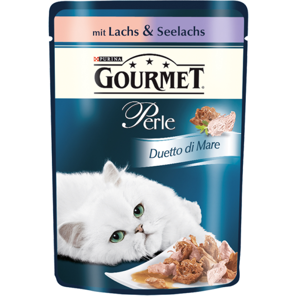 Gourmet Portionsbeutel Perle Duetto di Mare Lachs & Seelachs 85 g, Alleinfuttermittel für Katzen