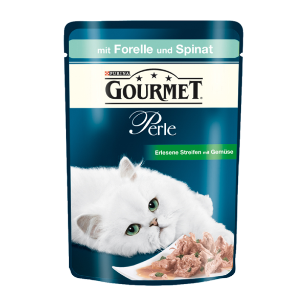 Gourmet Portionsbeutel Perle Erlesene Streifen Forelle & Spinat 85 g, Alleinfuttermittel für alle Katzen