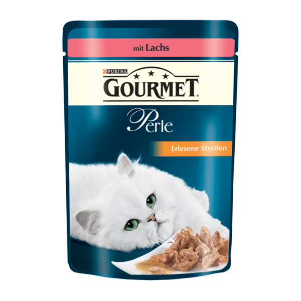 Gourmet Portionsbeutel Perle Erlesene Streifen Lachs 85 g, Alleinfuttermittel für alle Katzen