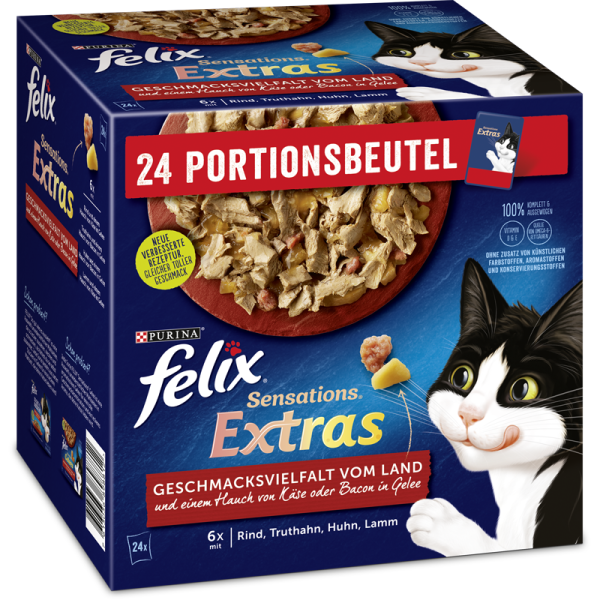 Felix Sensations Extras Geschacksvielfalt vom Land 24x85g Multipack, Alleinfuttermittel für ausgewachsene Katzen
