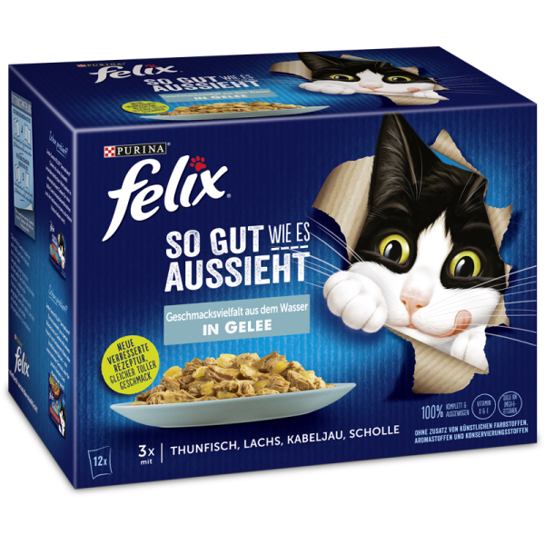 Felix SGWEA Geschmacksvielfalt aus dem Wasser in Gelee 12x85g MP, Alleinfuttermittel für ausgewachsene Katzen