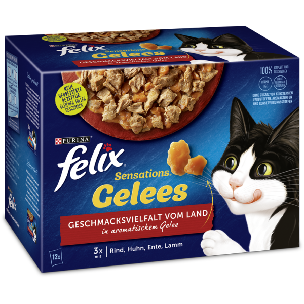 Felix Sensations Gelees Geschacksvielfalt vom Land 12x85g Multipack, Alleinfuttermittel für ausgewachsene Katzen