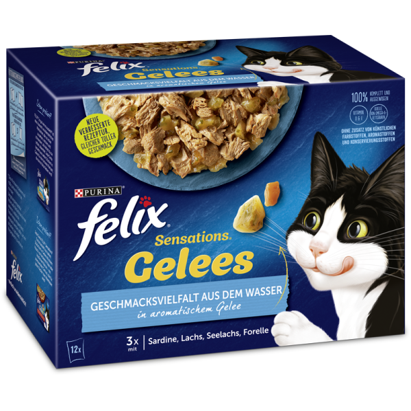 Felix Sensations Gelees Geschacksvielfalt aus dem Wasser 12x85g Multipack, Alleinfuttermittel für ausgewachsene Katzen
