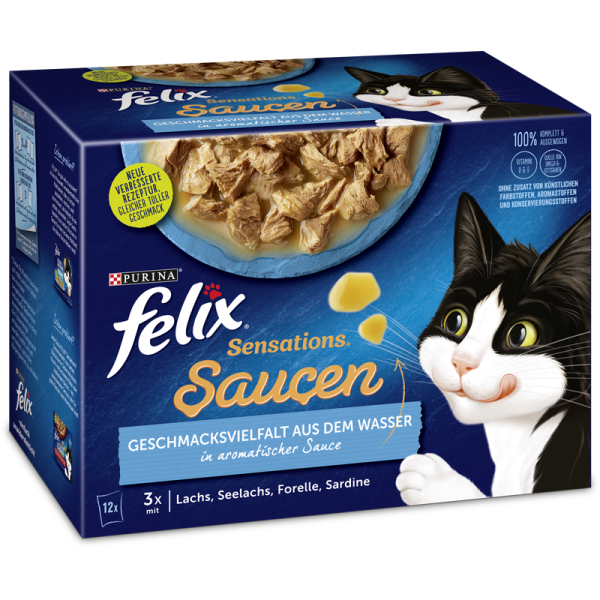 Felix Sensations Saucen Geschmacksvielfalt aus dem Wasser MP 12x85g, Alleinfuttermittel für ausgewachsene Katzen
