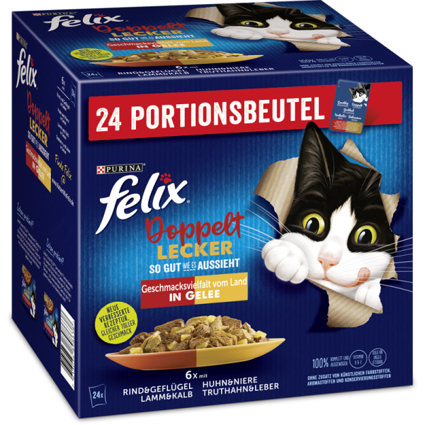 Felix SGWEA doppelt lecker Geschnetzeltes vom Land 24er MP, Alleinfuttermittel für ausgewachsene Katzen