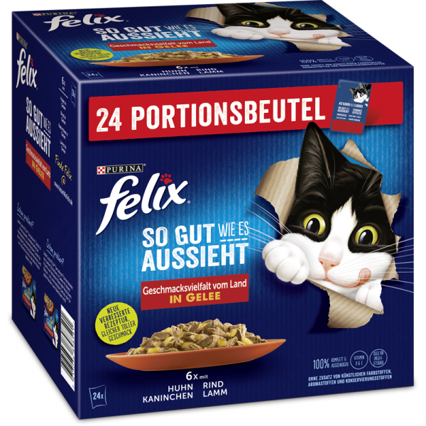 Felix SGWEA Geschmacksvielfalt vom Land  in Gelee 24x85g MP, Alleinfuttermittel für ausgewachsene Katzen