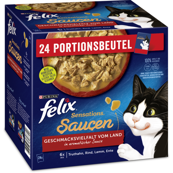 Felix Sensations Saucen Geschmacksvielfalt vom Land MP 24x85g, Alleinfuttermittel für ausgewachsene Katzen