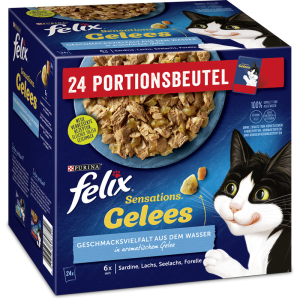 Felix Sensations Gelees Geschacksvielfalt aus dem Wasser 24x85g Multipack, Alleinfuttermittel für ausgewachsene Katzen