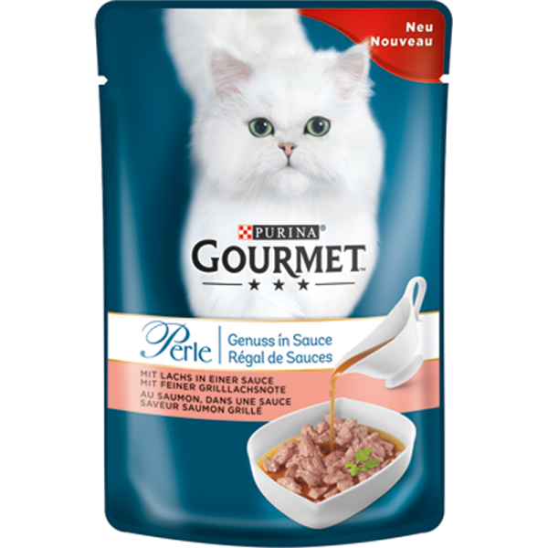Gourmet Portionsbeutel Perle Genuss in Sauce Lachs 85 g, Nassfutter für Katzen
