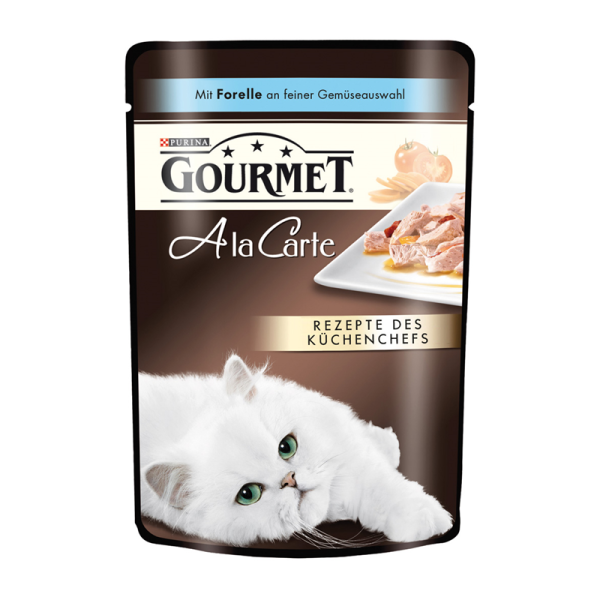 Gourmet Portionsbeutel A la Carte Forelle an feiner Gemüseauswahl 85g, Alleinfuttermittel für ausgewachsene Katzen