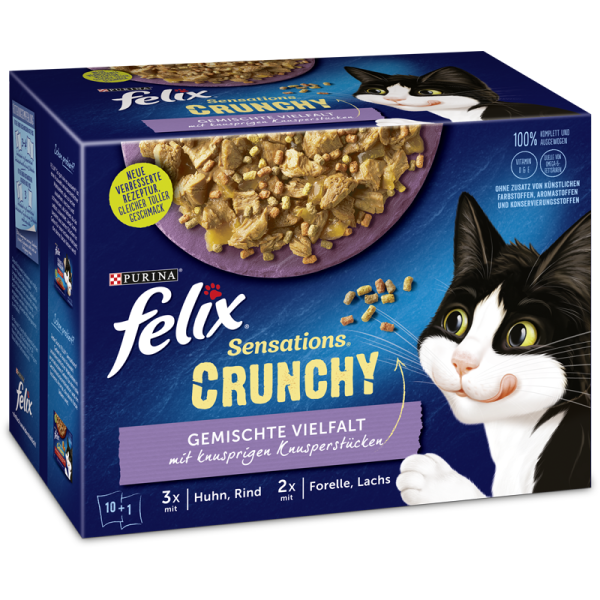 Felix Portionsbeutel Multipack Sensations Crunchy mit Gemüse 12x85g, Alleinfuttermittel für Katzen