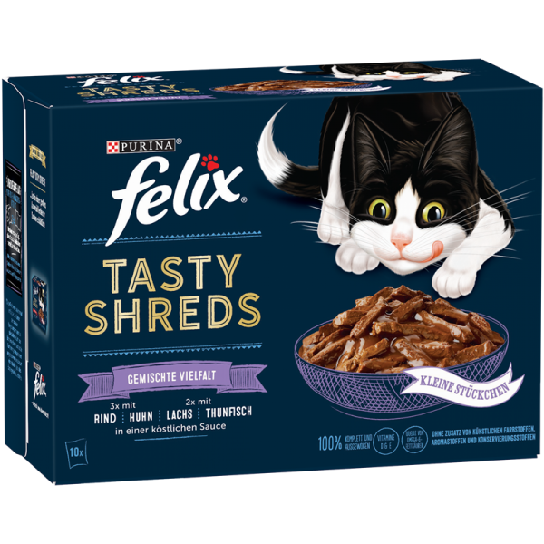 FELIX Katzennassfutter Tasty Shreds Geschmacksvielfalt Mix 10x80 g Portionsbeutel, Alleinfuttermittel für Katzen