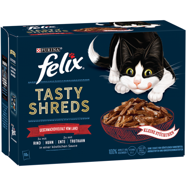 FELIX Katzennassfutter Tasty Shreds Geschmacksvielfalt vom Land 10x80g Portionsbeutel, Alleinfuttermittel für Katzen